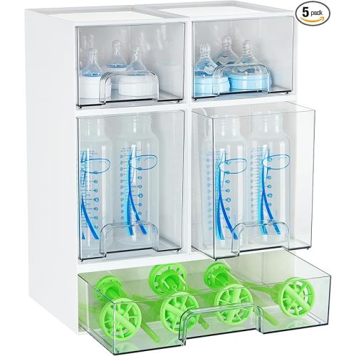 Vtopmart Stackable Storage Drawers Set of 5, Plastic Organizer Bins for Baby Bottle, Beauty Supplies Storage, Ideal for Kichen Countertop, Vanity, Bathroom, Cabinet, Pantry Organization,White
