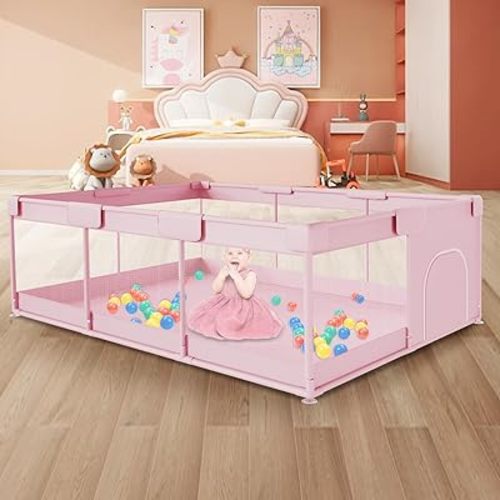 Baby Playpen 74"x50" PlayPen for Babies and Toddlers Pink, Large Play Yards for Indoor & Outdoor with Zipper Gates
