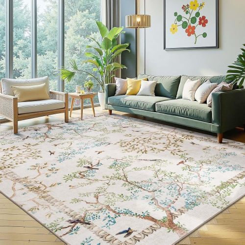 jinchan Yarden Botanical Birds 8x10 Ivory Area Rugs for Living Room Washable Non-Slip Soft Nature Plants Modern Kids Carpet Vintage Ultra-Thin Low Pile Indoor Rug for Bedroom Nursery Playroom