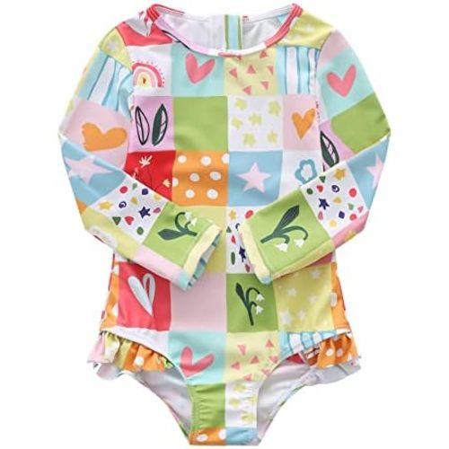 Baby Girls One Piece Swimsuits Long Sleeve Rash Guard Zipper Back Bathing Suit Sun Protection UPF 50+