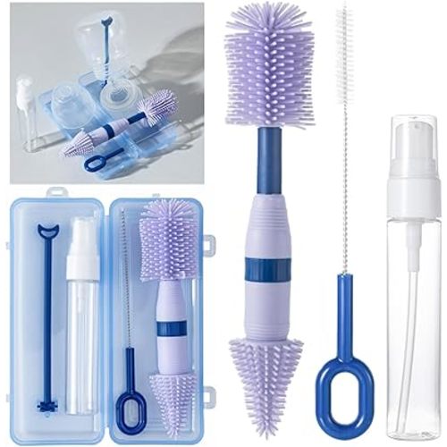 4-in-1 Portable Baby Bottle Brush, Travel Bottle Cleaner Kit with Silicone Bottle Brush, Nipple Brush, Straw Brush, Drying Rack, Dispenser, Organizer, Baby Travel Essential, Gifts for New Mom - Blue