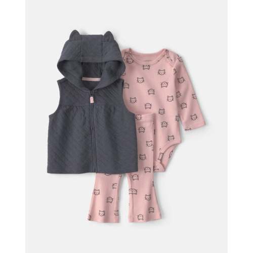 Baby Girl 3-Piece Cat Hooded Layering Set - Grey/Pink | Carter's