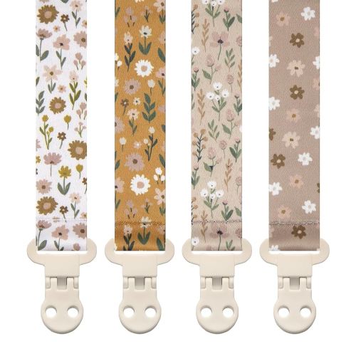 Baby Pacifier Clip Holder - Girl or Boy Unisex 4 Pack Gift Set – Boho Modern Neutral Floral Beige Yellow Brown Colors (Flora)