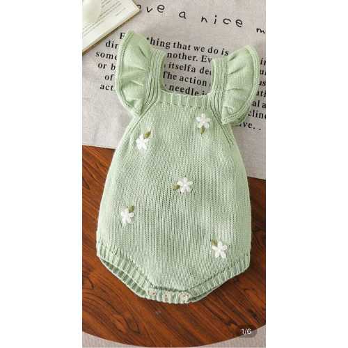 Floral Embroidered Knitted Bodysuit in Elegant Mint Green, 1-3 Months
