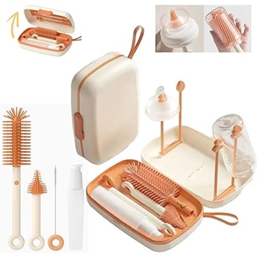 Travel Bottle Cleaner kit, 7in1 Baby Travel Essential Silicone Travel Bottle Brush Set, Nipple, Drying Rack, Straw, & Breast Pump Cleaning, Soap Dispenser & Organizer Case, Gift for Mom (White)
