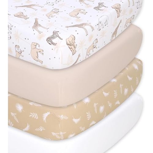 The Peanutshell Baby Organic Bassinet Sheets 4-Pack Boy or Girl - Ultra Soft & Rectangle Baby Sheet, 100% Jersey Cotton, Fitted Covers for Crib, Halo Bassinet Mattress - Caramel Safari