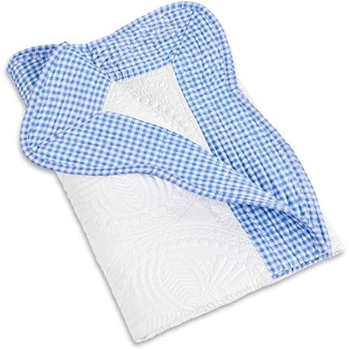 MONOBLANKS Baby Quilt Personlized Monogram Lightweight Embossed Scalloped Throw Blanket Four Seasons (Blue Gingham)