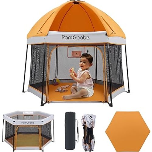 Pamo Babe Portable Playpen with Canopy and Mattress Outdoor and Indoor 54" Baby Playard for Babies and Toddlers Foldable Play Yard with Zipper Gate