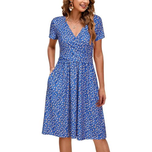 OUGES Women's 2025 Fashion V Neck Midi Dress with Pockets Maternity Clothes Nursing Dresses