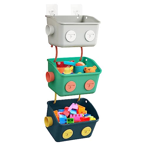 Karceyworth Bath Toy Storage Organizer Basket, 3 Pack Cute Robot Bathtub Shower Toy Organizer, Wall Mounted Hanging Bath Toy Holder with Hooks, for Tub Laundry