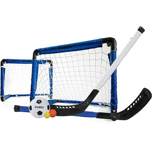 Franklin Sports Indoor Mini Goal Sports Set - 3 in 1 Kids Indoor Goal Set - Indoor Mini Floor Hockey, Knee Hockey, and Mini Soccer Set for Kids, Blue, 22 x 17.5-Inch