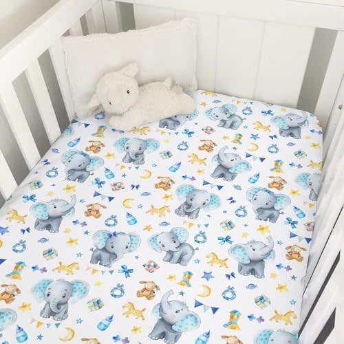Cute Elephant Baby Crib Sheets 52''x28'' Cartoon Elephant Snug Fitted Crib Mattress Sheet for Boy Girl Elephant Blue Soft Nursery Baby Bed Sheets Fits Standard Crib and Toddler Mattresses