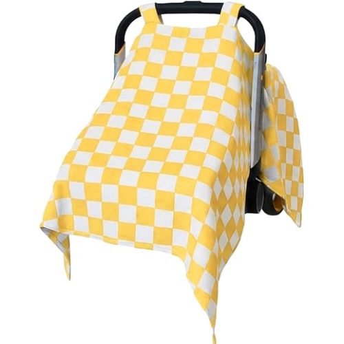 Muslin Baby Carseat Cover - Yellow & White Checkered Infant Carrier Canopy, Soft & Breathable Car Seat Cover for Babies, Lightweight Sunshade for Summer, Universal Fit for Boys & Girls