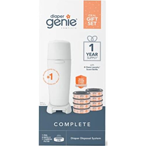 Diaper Genie Registry Gift Set | Includes Diaper Genie Complete Diaper Pail, 8 Refill Bags, 1 Carbon Filter | 1 Year Supply