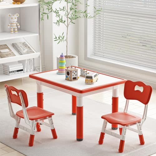 Ybaiwana Toddler Table and 2 Chairs, Kids Table and Chair Set Height Adjustable, 31.5''L x 23.6''W Multifunctional Graffiti Desktop for Reading, Drawing, Eating, for Girls & Boys Age 2-10, Red