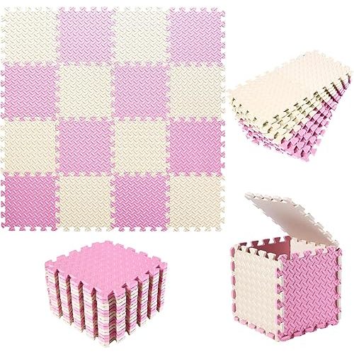 Foam Play Mat for Baby, 0.4 Inch Thicked Interlocking Floor Mats with Solid Colors, Squares Baby Play Mat, EVA Foam Puzzle Floor Mat Foam Mats for Kids, Toddlers, 16 Tiles(Beige/Pink)