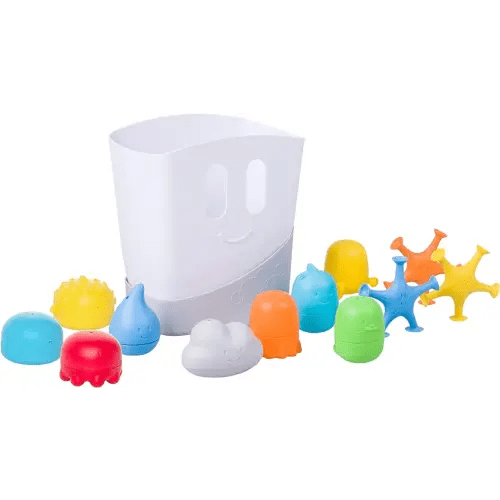 Ubbi Baby Bath Time Essential Gift Set, Includes Drying Bin and 11 Bath Toys, Dishwasher Safe, White