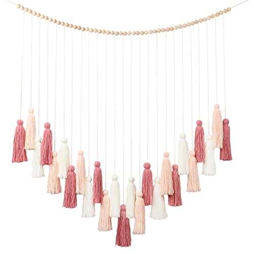 DrCor Handmade Boho Macrame Wall Hanging with Blush Pink Tassels Rose Gold Accents for Nursery Wedding Living Room Decor