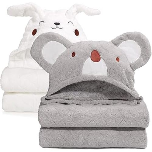 Toddler Towels for Boy & Girls 0-5 Years, 2-Pack Kids Towels with Hood Soft Absorbent, 50"x32" Large Thick Bath Towel for Kids and Plush toallas de baño para Bebe,White Rabbit & Grey Koala