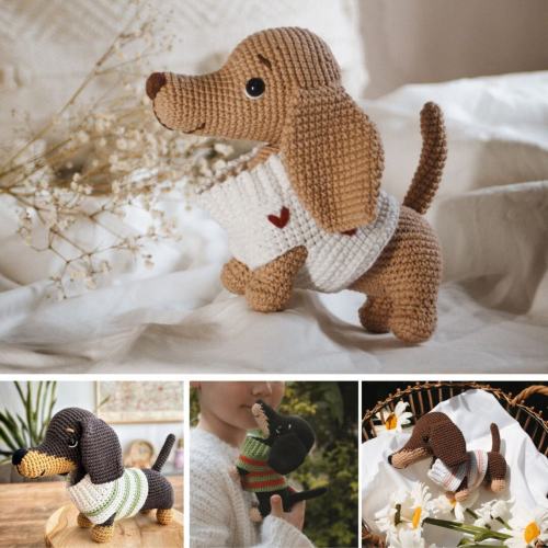 dog dachshund lovey puppy stuffed animal. Toy rattle dachshund in a striped sweater, brown dog gift for newborn. Baby shower puppy gift