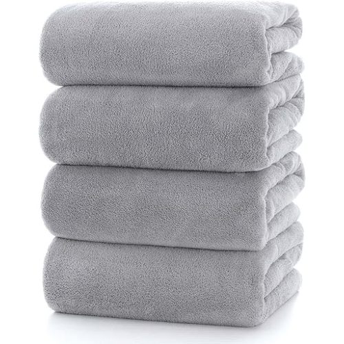 Lumimi Towels 4 Piece Soft Microfiber Bath Towel Set Salon Gym Yoga Travel Incredibly Absorbent Lightweight Quick Dry and Durable, 55" L x 27" W, 4 Pack Light Grey