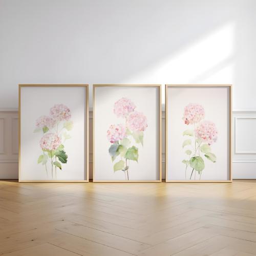 Pink Hydrangea, Watercolor Painting, Minimalist Wall Decor, Nursery wall art, Pink Floral Art, set of 3