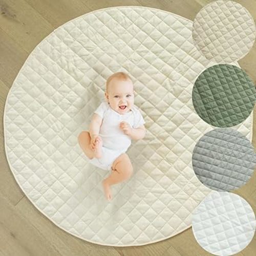Poppyseed Play Baby Play Mat, Extra-Thick & Extra-Large Round Floor Pad, Designed for Tummy Time, Crawling, & Baby Activity Gyms, Foldable & Portable (Ivory, 47" Round)