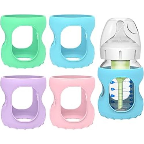 MORLIKE 4 Pack Silicone Sleeves Only Fit 5 oz/150 mL Dr. Brown's Wide Neck Glass Baby Bottle, 100% Silicone Covers Protect Baby Glass Bottle, Easy to Grip Bottle Holders for ‎WB53700-WEB ‎WB51700-P4