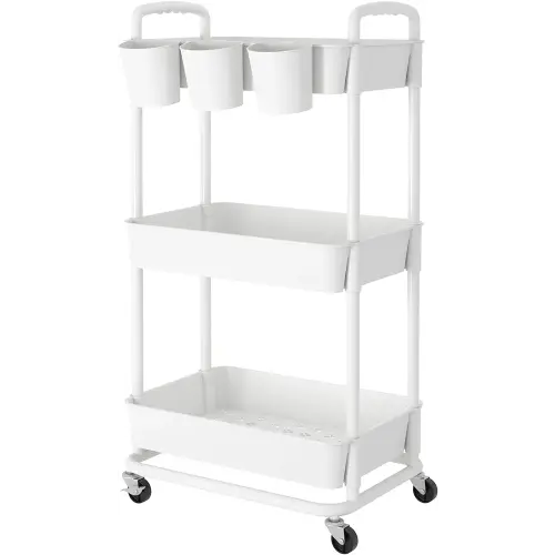 JIUYOTREE 3-Tier Plastic Rolling Storage Cart Utility Cart with Extra Hanging Cups Handles Lockable Wheels for Living Room Bathroom Kitchen Office White
