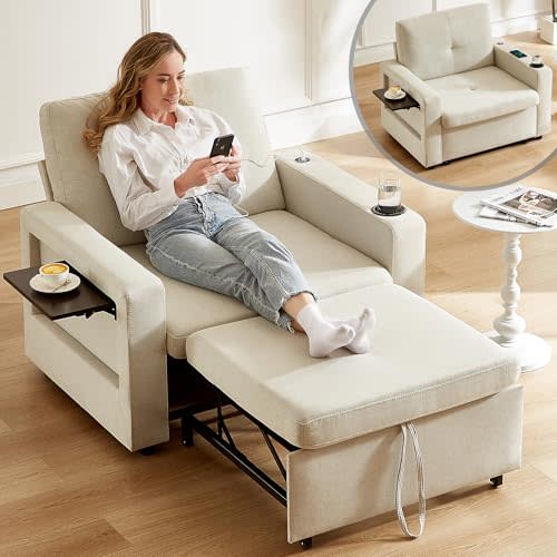 WEUP 42.5" Sleeper Chair Bed, 3-in-1 Convertible Reclining Sofa Chair with Pull Out Couch Bed, Adjustable Backrest, Side Pockets, Cup Holder, USB Ports & Wing Table, Premium Beige