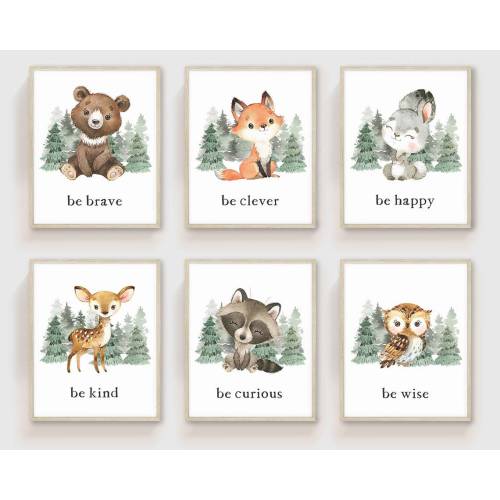 Woodland Nursery Wall Art PRINTED Art Print Set of 6  woodland nursery art pritnsWoodland bear Nursery Art prints, Forest Nursery Prints W02