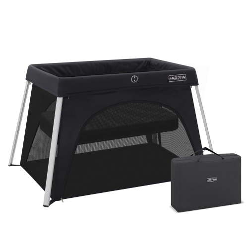 HARPPA Portable Travel Crib with Mattress, Foldable Playard for Baby and Toddler, 11lbs, Black