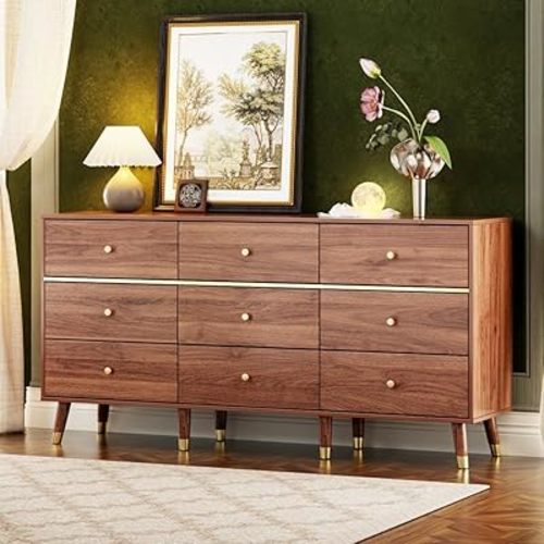 9 Drawer Dresser,63" Wide Mid Century Modern Chest of Drawers,Wooden Bedroom Drawer Dresser with 9 Storage Drawers for Bedroom, Living Room,with Anti-Tipping Device,Walnuts