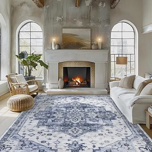 Washable Rug Living Room Rugs: 8x10 Area Rug Large Soft Boho Vintage Medallion Carpets Indoor Floor Anti Slip Non-Shedding Thin Carpet for Bedroom Dining Room Farmhouse Nursery Home Office-Blue/White