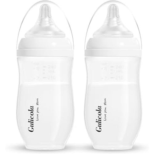 Gulicola Natural PP Baby Breastfeeding Bottles, Medium Flow Nipples (M), 3 Months +, White, 8 oz - 2pks