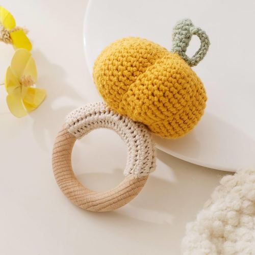 Wooden Baby Rattle - Crochet Pumpkin and Animal Toy for Newborns and Infants