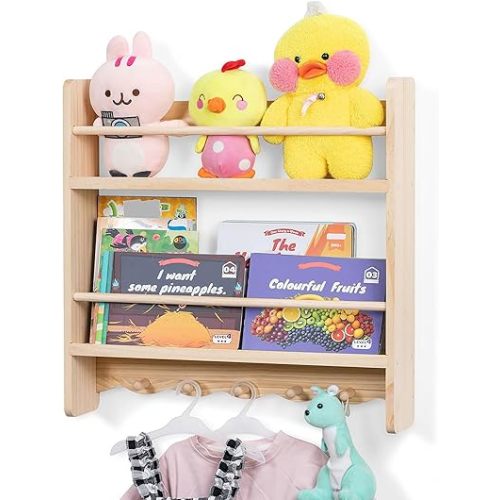 Large Nursery Bookshelf for Wall: 23.6inch 2-Tier Floating Book Shelves for Kids Toddlers Bedroom Solid Pine Wood Storage Organizer with Ledge Hooks Bar (Natural)