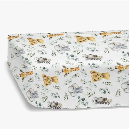 HawSkgFub African Safari Animal Eucalyptus Leaf Fitted Standard Baby Crib Sheet, Neutral Jungle Elephant Giraffe Zebra Lion Toddler Mattress Cover, Soft Stretchy Nursery Bed Sheets Kids Gift 52" x 28" - One size
