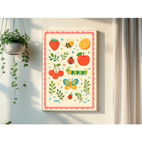 Fruit & Bug Nursery Wall Art Printable – Cute Strawberry Apple Orange (Bee Ladybug Butterfly) Kids Room Decor | Digital Download Multi-Size