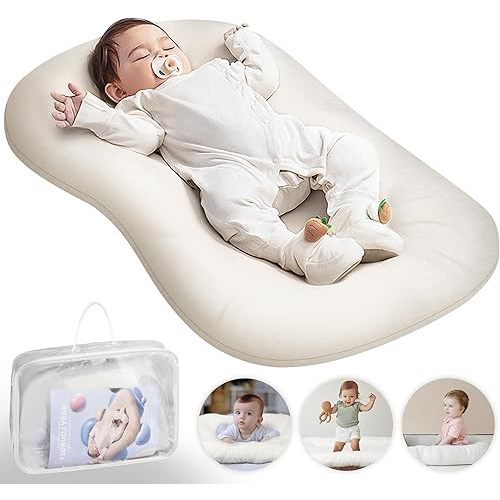 Baby Lounger - Baby Lounger Pillow for Newborn, 0-24 Months, Bionic Design Infant Lounger for Home and Travel, Soft Cotton, Newborn Babies Essentials Gifts, White
