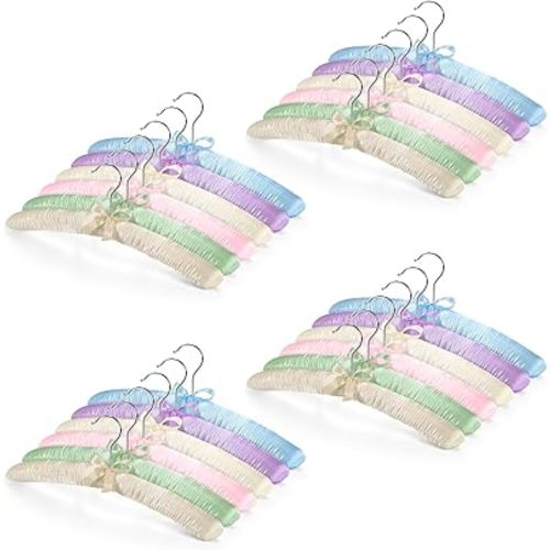 Jetec 24 Pieces Satin Padded Hangers Satin Hangers with Anti-Rust Swiveling Shoulder Hook for Hanging Dresses, Sweaters, Suits and More (Champagne,Beige,Blue,Pink,Lavender,Green)