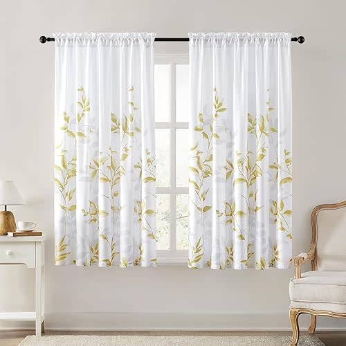 HOMEIDEAS Non-See-Through Gold and White Privacy Sheer Curtains 52 X 63 Inch Length 2 Panels, Leaf Floral Printed Light Filtering Semi Sheer Window Curtains Drapes for Bedroom Living Room