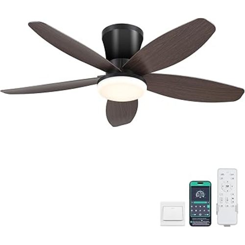 Ceiling Fans with Lights-36 Low Profile Ceiling Fan with Light and Remote/APP Control,Flush Mount,DC Reversible,LED Dimmable Modern Ceiling Fans for Bedroom,Indoor/Outdoor Patio Use(Brown)