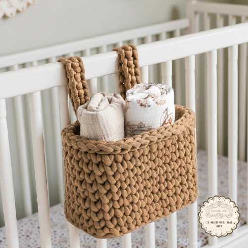 Handmade Baby Storage Basket Vintage Inspired Nursery Organizer for Diapers Swaddles & Toys Soft Knit Crib Caddy Must-Have baby essentials