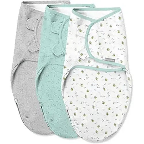 SwaddleMe by Ingenuity Easy Change Baby Swaddle in Size Small/Medium, 0-3 Months, 7-14 Pounds, 3-Pack with Easy Change Zipper - Little Bees