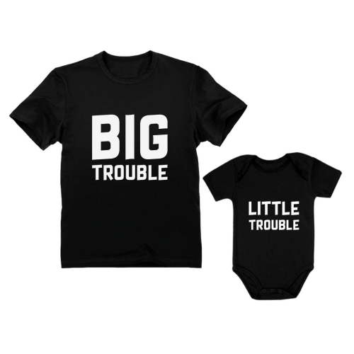 Dad & Baby Matching Set Big / Little Trouble Funny Father's Day Gifts For Dad Dad Black Medium / Baby Black NB (0-3M)