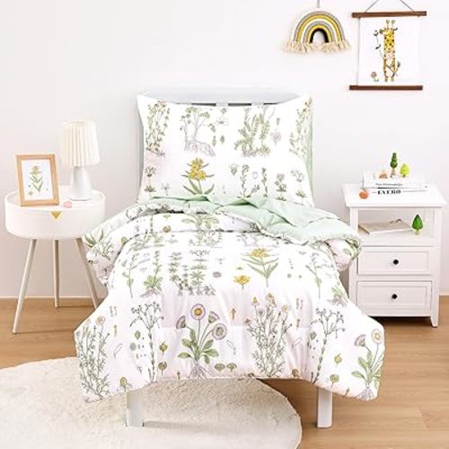 Wake In Cloud - Floral Toddler Bedding Set for Girls, Cute Botanical Flowers Leaves, 4 Pieces Soft Crib Bed Set Including Comforter, Sheets and Pillowcase, Green White