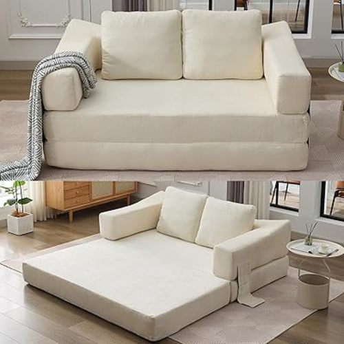 Folding Sofa Bed, Convertible Foldable Floor Couch Modern Sectional Mattress Sleeper with Removable Backrest, No Assembly Comfy Fold-Out Couch Bed for Small Space, White