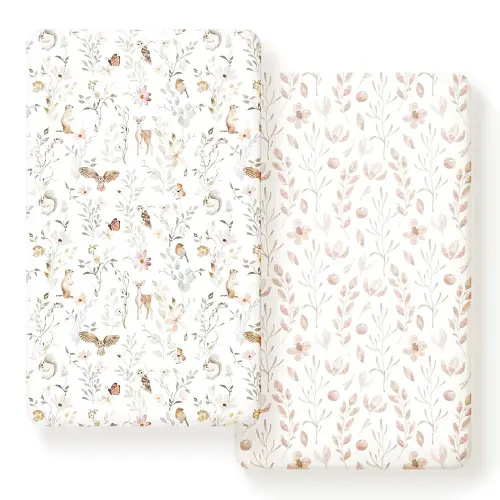 GRSSDER Stretch Ultra Soft Jersey Knit Fitted Crib Sheets Set 2 Pack，Fit All Standard Crib Mattress Pads Safe and Snug, Crib Fitted Sheet for Girls, Beautiful Blush Pink Floral and Cute Animals Print