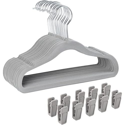 Finnhomy Non-Slip Clothes Hangers for Baby and Kids 30-Pack Velvet Hangers with 10 Finger Clips, Gray